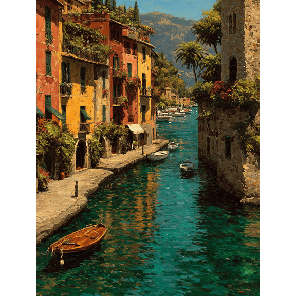 Portofino Italy Canvas Print, Scenic Coastal Village Painting, Italian Tropical Beach Style Wall Decor