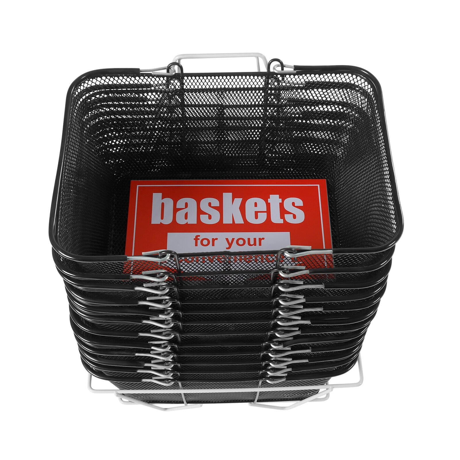 Miumaeov Set of 12 Portable Metal Wire Mesh Shopping Baskets with Handles+1 Basket Stand for Supermarket Retail Store, Black