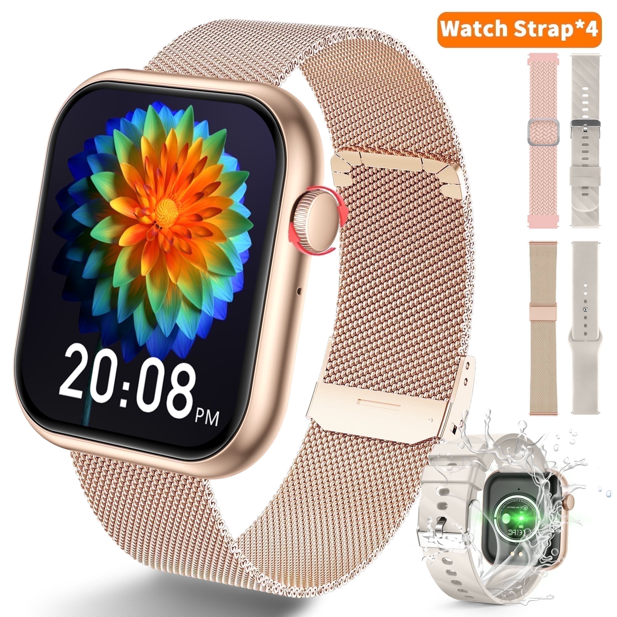 Smart Watch Fits for Android and iPhone,IP68 Waterproof,Suitable for Women Men 100 Sports Modes 1.96 inch Fitness Tracker with Answer Make Calls/Message Reminder,4 Watch Bands,Milano Steel Band(Gold)