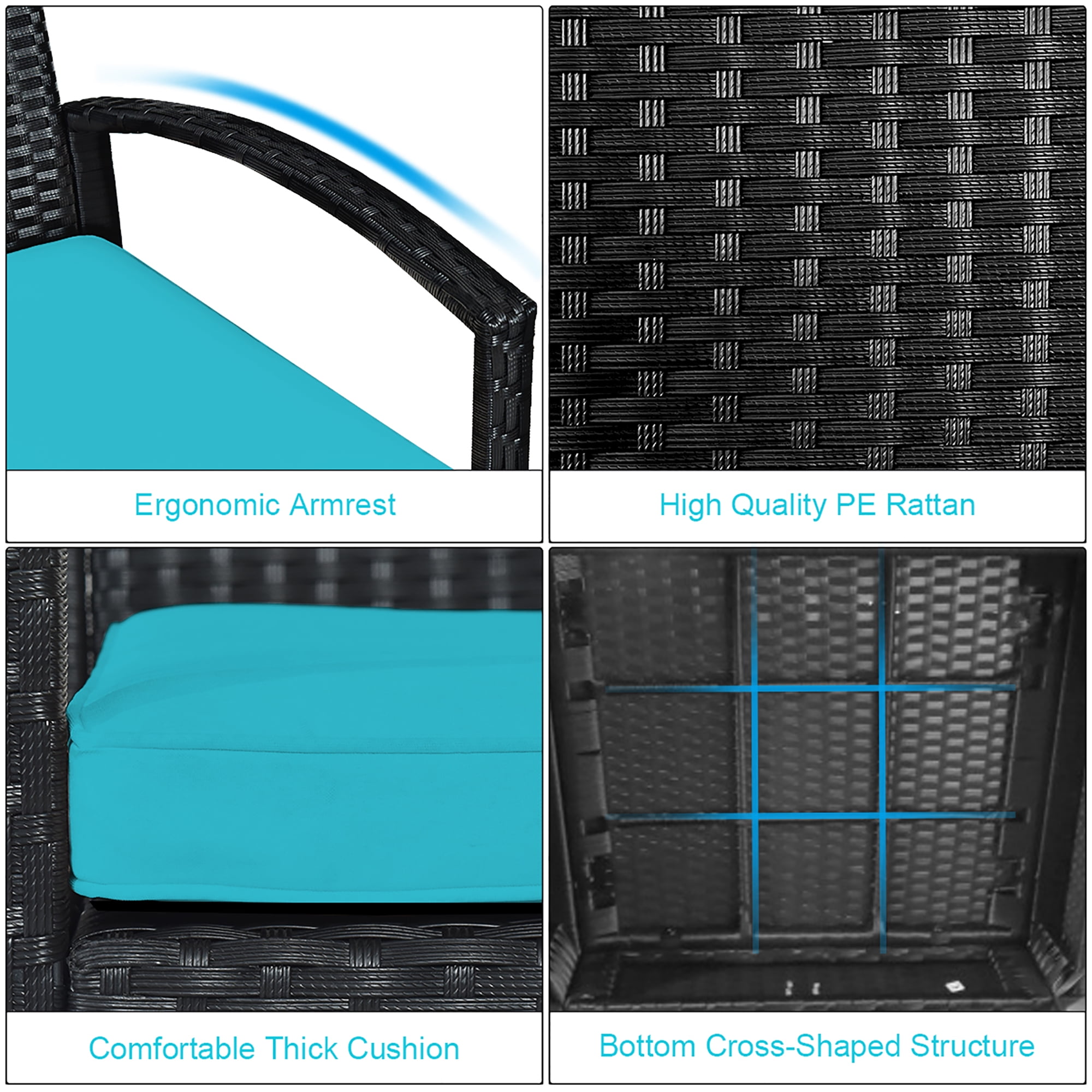 Costway 3 PCS Patio Rattan Furniture Set Coffee Table Conversation Sofa Cushioned Turquoise
