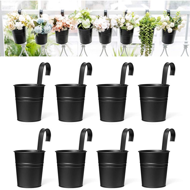 8 macetas colgantes para flores, de metal, de hierro, para barandilla, valla, balcón, jardín, decoración del hogar, soportes para flores con ganchos desmontables, color negro, 4 pulgadas JFHHH pequeña