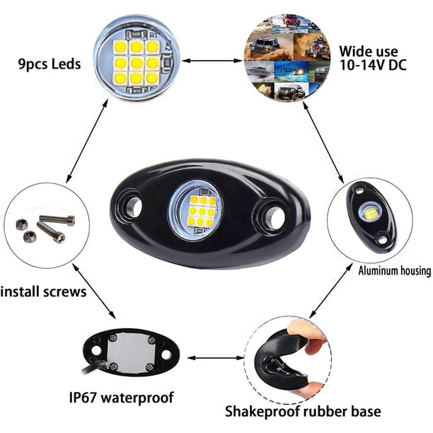 LED azules - 4 cápsulas de neón de 12 V - Kit de subsuelo impermeable - Cúpula de arrastre de ruedas para exteriores para ATV RZR UTV Off-Road SUV Auto Motocicleta Barco Trail Rig Fender