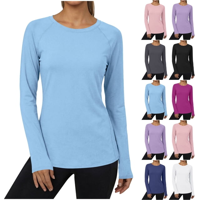 BiZtdJrK Womens Seamless Workout Tops Summer Long Sleeve Rash Guard Sun Protection Shirts Slim Fit Quick Dry Basketball Shirt, Blue, S