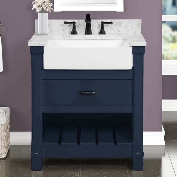 Farmington 30" Single Bathroom Vanity, 31Wx22Dx34.5H, Carrara Marble Top with 24" Wide Apron-Front Sink & Backsplash, Navy Blue Solid Wood Cabinet, Pre-Assembled, Soft-Closing Drawer, Open Shelf