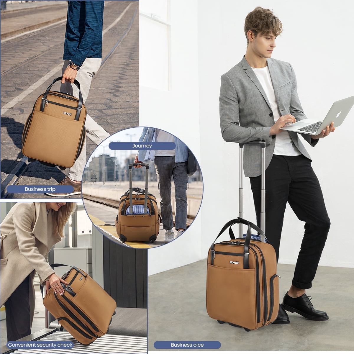16" Underseat Carry on Luggage for Airplane, Softside Small Rolling Suitcase,Lightweight Personal Item Travel Bag, Brown - XJ5011