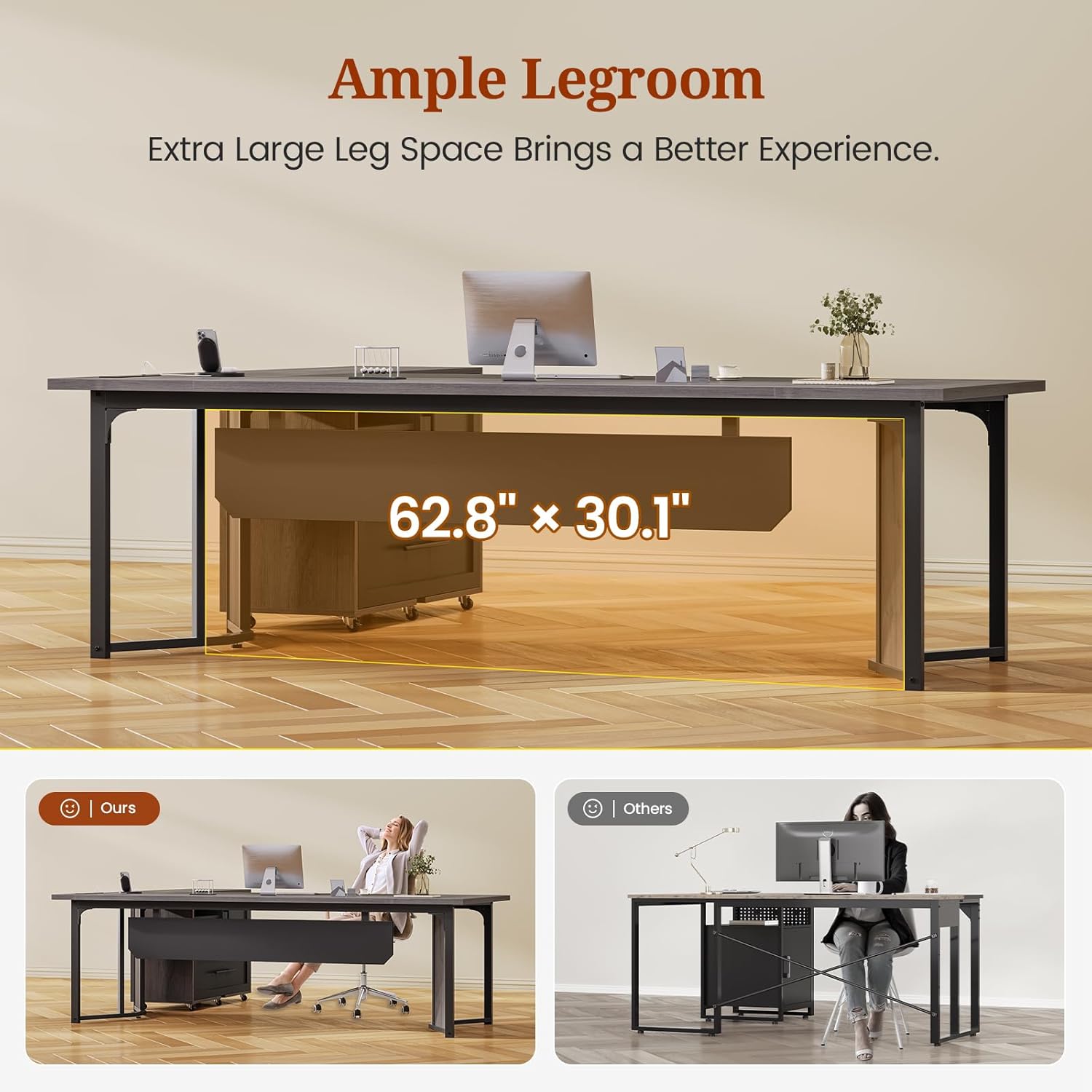 63" L Shaped Executive Desk with Mobile File Cabinet, Modern Corner Computer Desk with Power Outlets, Desk Business Workstation Set, Gray