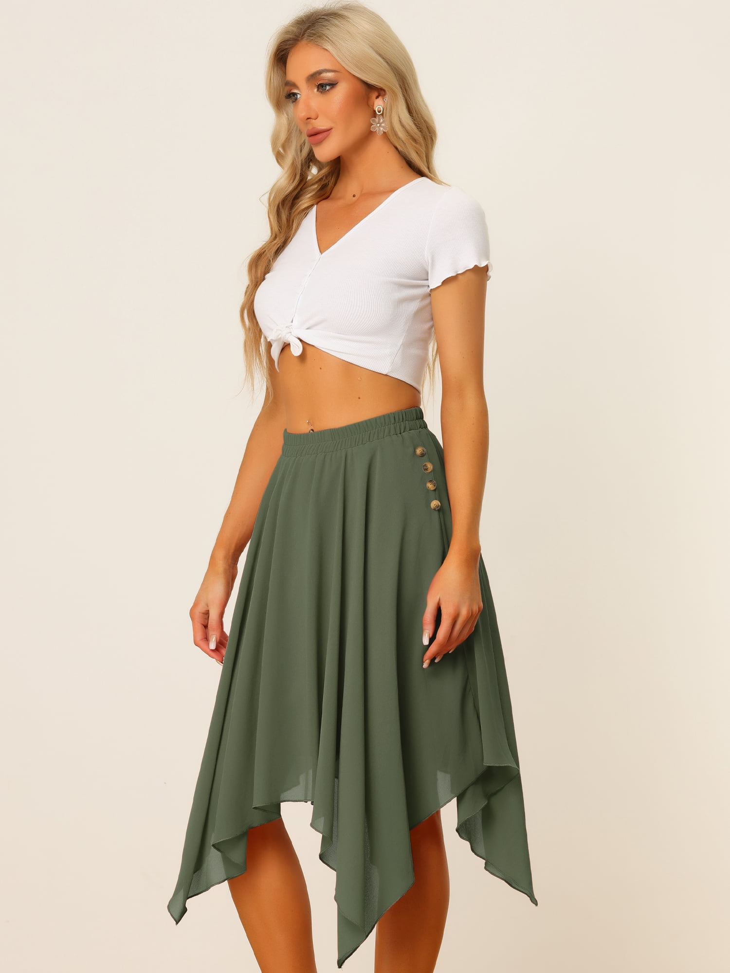 DARING DIVA Women's Asymmetrical Hem Chiffon Midi Skirt L Army Green