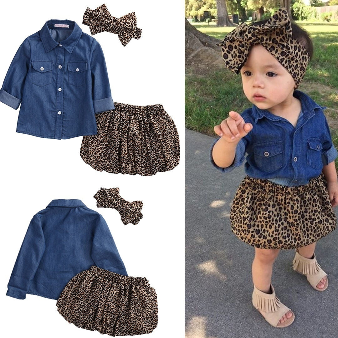 3PC Toddler Baby Girls Dress Denim T shirt Leopard skirt Set Kids Clothes Outfit Walmart