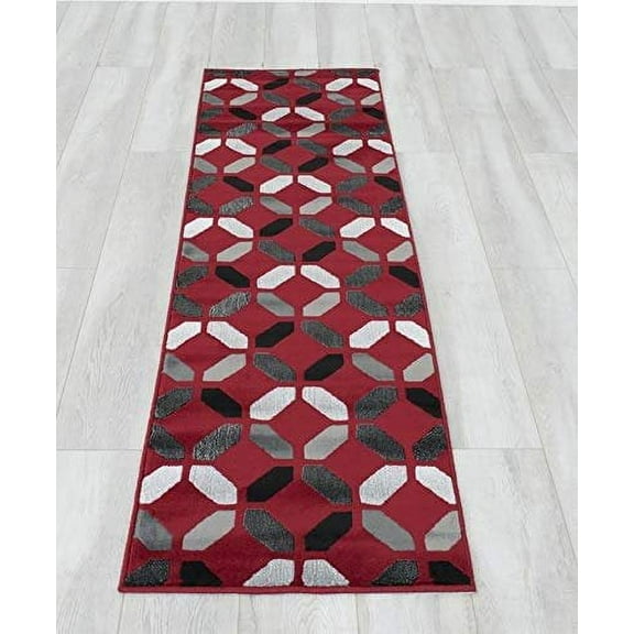 Modern Contemporary Livingroom Red Grey Silver Black Dimond Pattern Area Rug Geometric Design