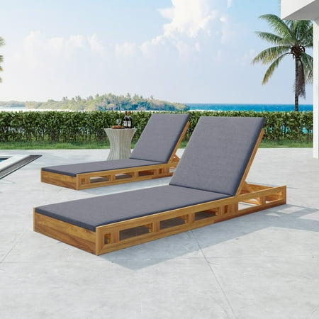 Christopher Knight Home Outdoor Wood Chaise Lounge with Adjustable Backrest, Slatted Base and Cushion, Dark Gray, Set of 2