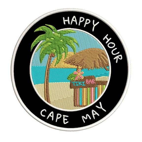 Happy Hour! Cape May, New Jersey 3.5 Inch Iron Or Sew On Embroidered Fabric Badge Patch Ocean Beach, Salt Life Iconic Series