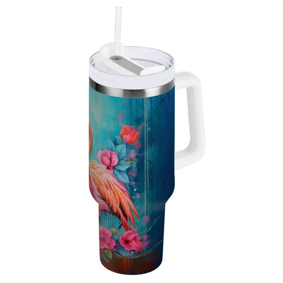 Flowers Flamingo Tumbler with Handle and Straw Insulated Travel Mug Reusable Stainless Steel Water Bottle 40 oz