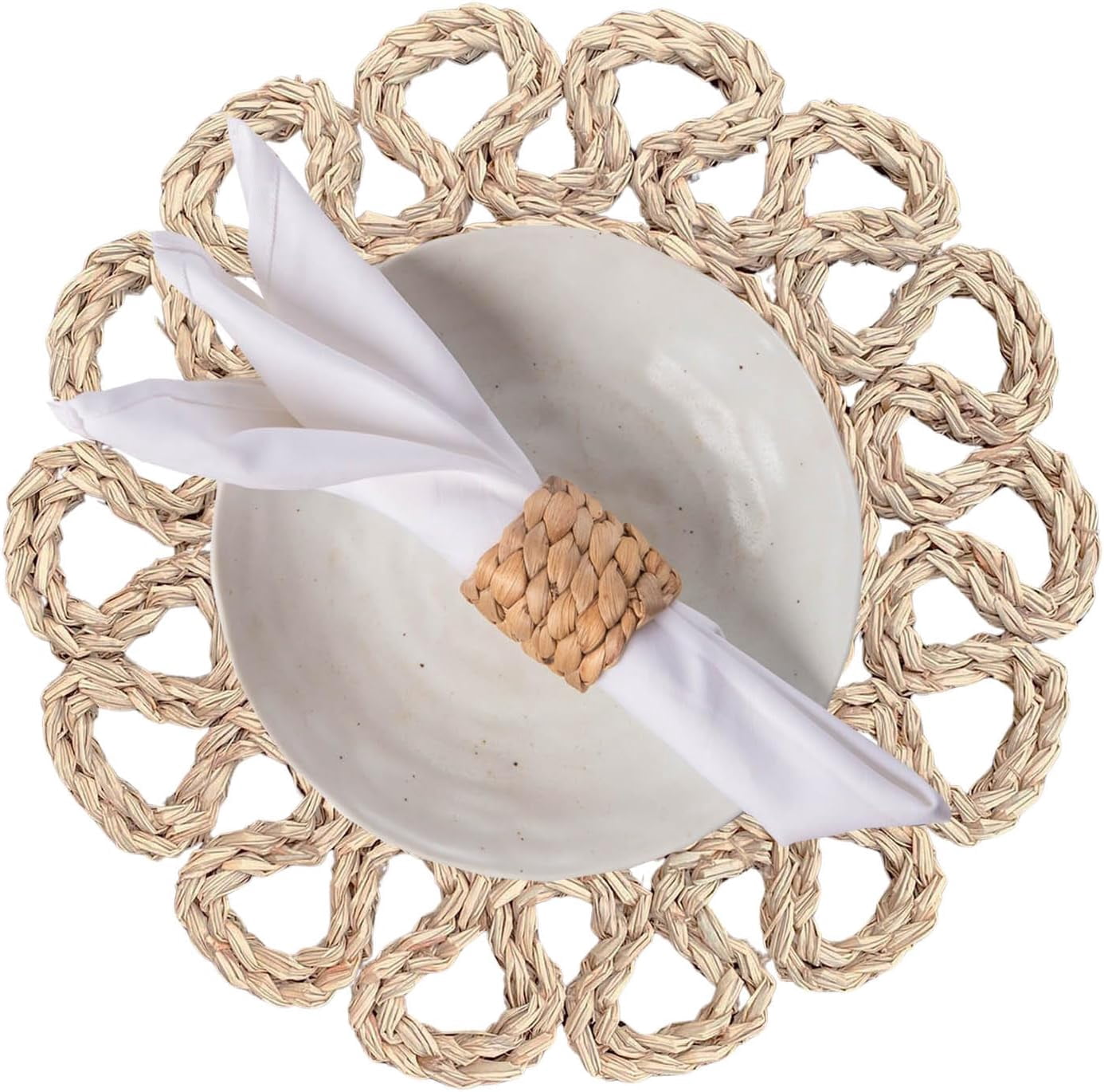 Laquedecraft 13.8" Round Rattan Seagrass Placemats | Farmhouse Spring Wicker Plate Chargers for Christmas, Dining, Party (Set of 4)