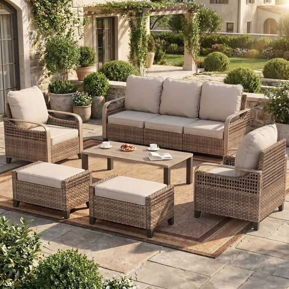 Poteban Outdoor Patio All Weather Wicker Furniture Sets,with Coffee Table, Sofa, Conversation Sets and Ottoman,for Pool, Backyard, Garden, 8 Pieces