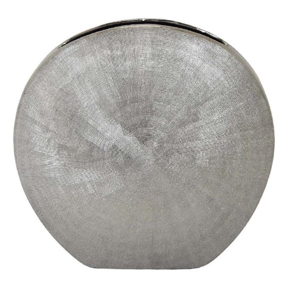 Benjara Harvey Accent Vase- Metallic Texture- Flat Round Gray Ceramic 15 Inch