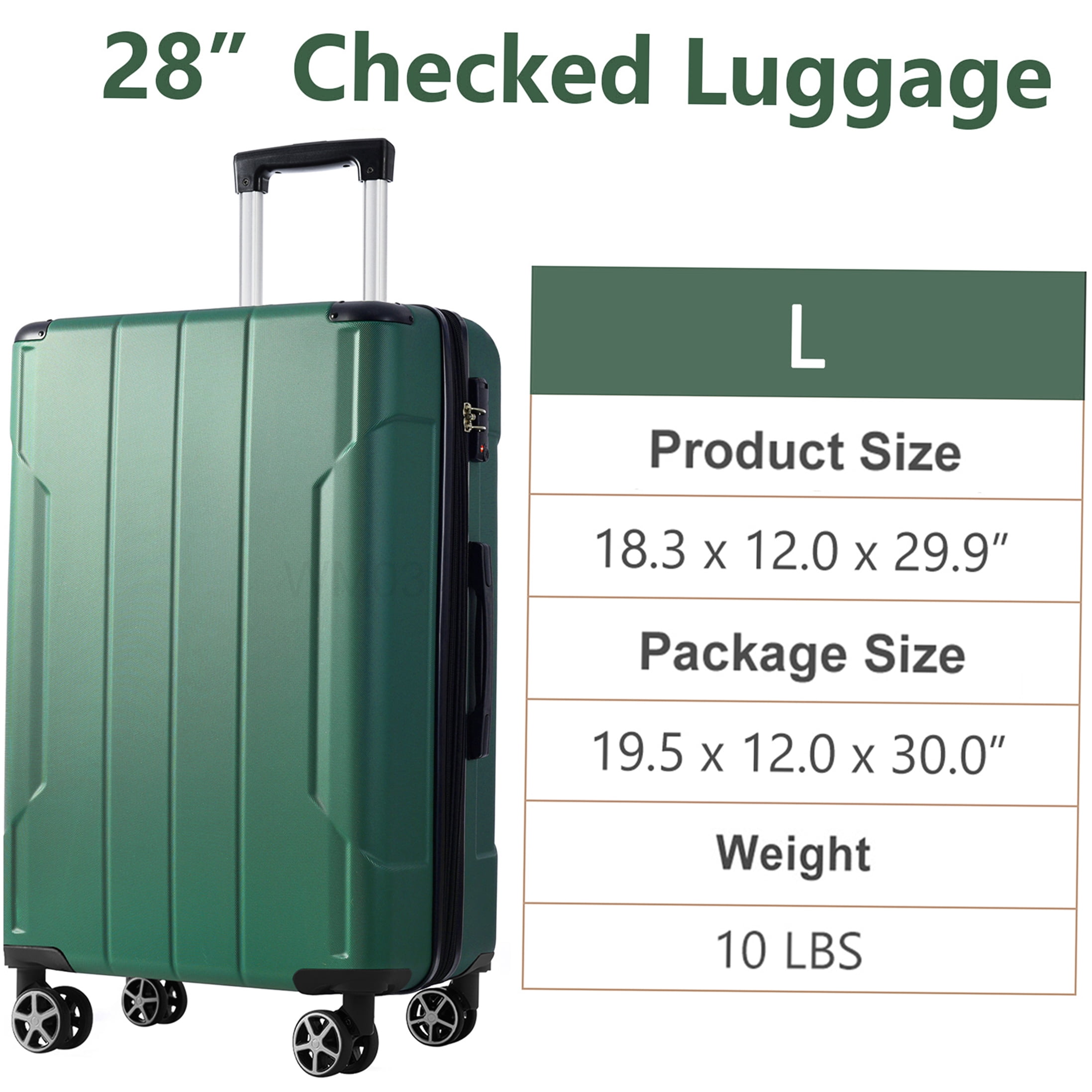 28 Inch Expandable Checked Luggage, Lightweight ABS Hardshell Suitcase with TSA Lock, Double Wheels - Green
