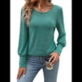 thumbnail image 2 of Blusas Casuales Holgadas de Larga y Corta Abullonada para Mujer, con Cuello Redondo y Botones. Verde L, 2 of 10