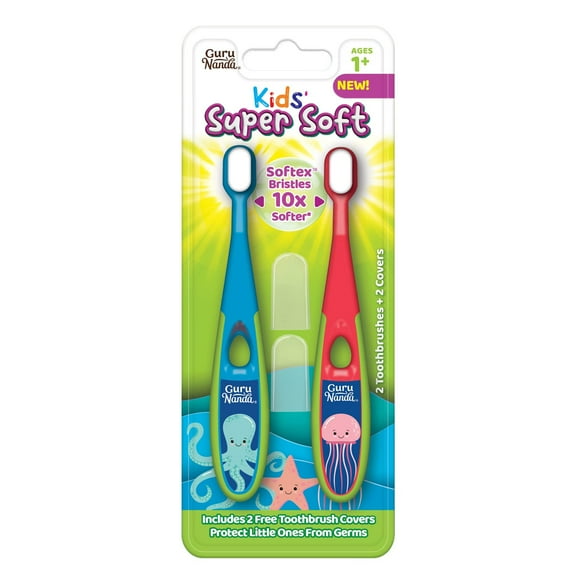 GuruNanda Brosse à Dents pour Tout-Petits, Brosse à Dents pour Enfants à Poils Extra Doux pour Soin des Gencives Délicates, Âges 2+, Lot de 2, Multi-Couleur