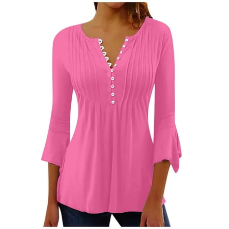 

ZQGJB Womens Summer 3/4 Sleeve Tops Casual Dressy Button Down V Neck Solid Color Ruched Corset Tunic Pleated Tshirt Top Loose Comfy Baggy Hem Blouse Pink M