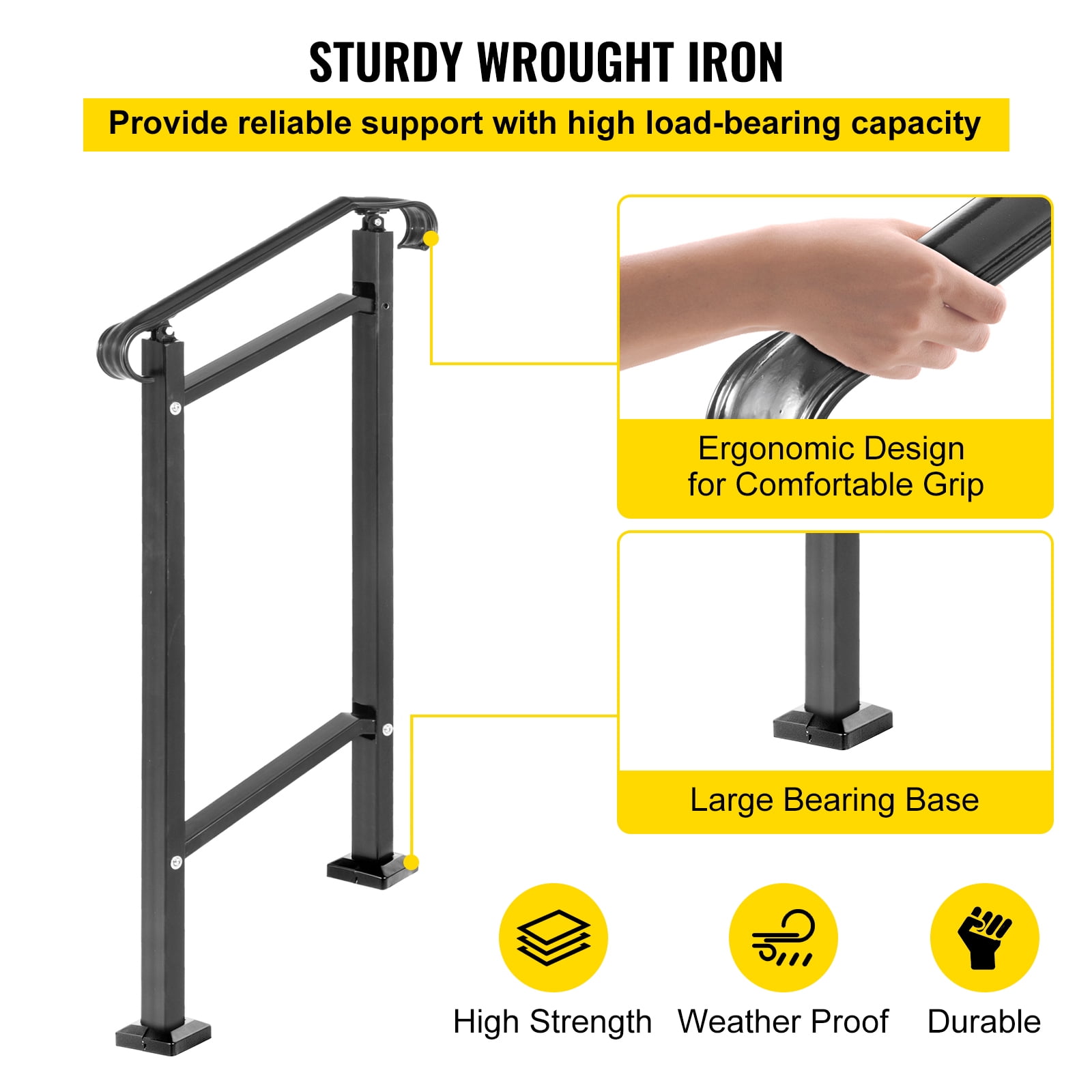 BENTISM Wrought Iron Handrail Stair Railing Fit 1 Step Adjustable Hand Rail