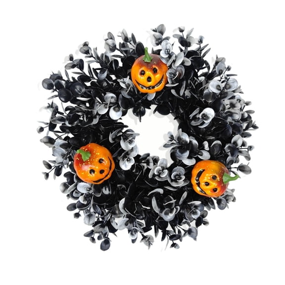 12 Inch Black Eucalyptus Halloween Wreath, Artificial Floral Door Wreath with Pumpkin Cutouts for Front Porch Indoor Door Halloween Party Gothic Home Decor