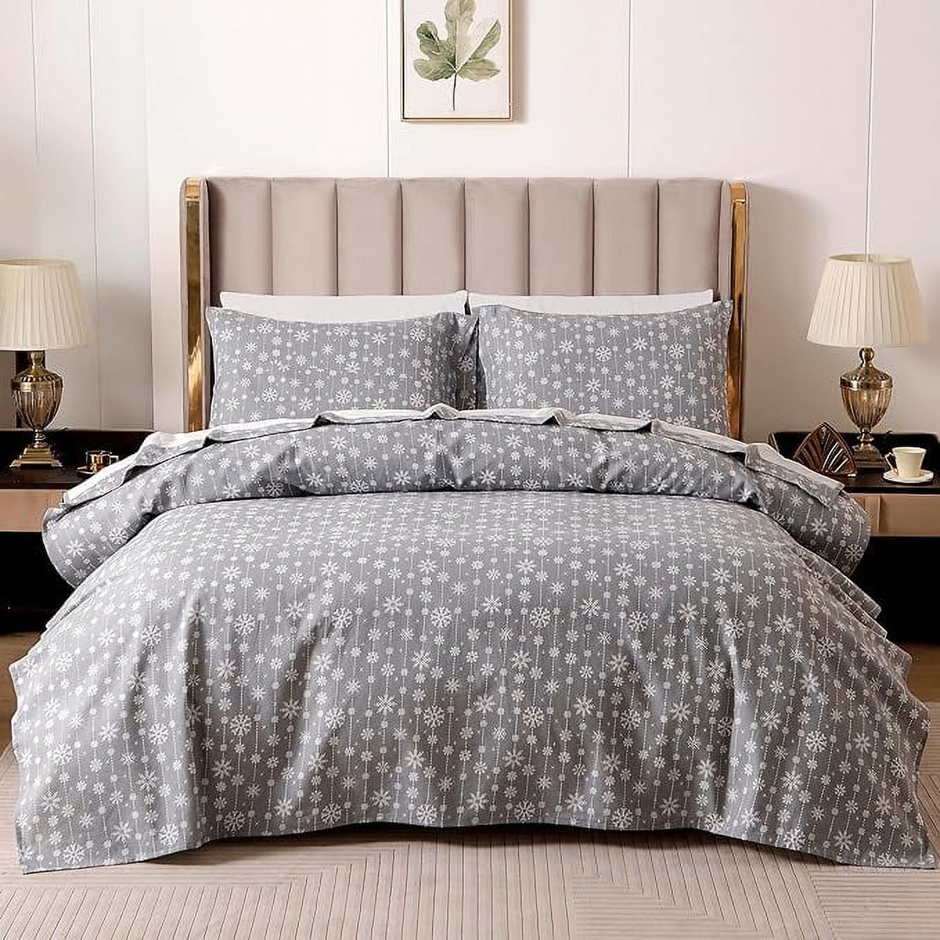 Elegant Comfort - 4 PIECE Holiday Christmas Flannel Cotton Sheet Set, Deep Pocket Fitted - King, Snowflake Gray
