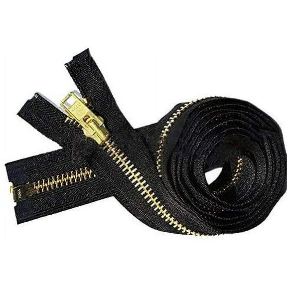 Zipperstop Wholesale YKK- Extra Heavy Duty Jacket Zipper YKK #10 Brass- Metal Teeth Separating -Chaps Zippers for Crafter's Special Color Black #580 Made in USA -Custom Length (36 inches)