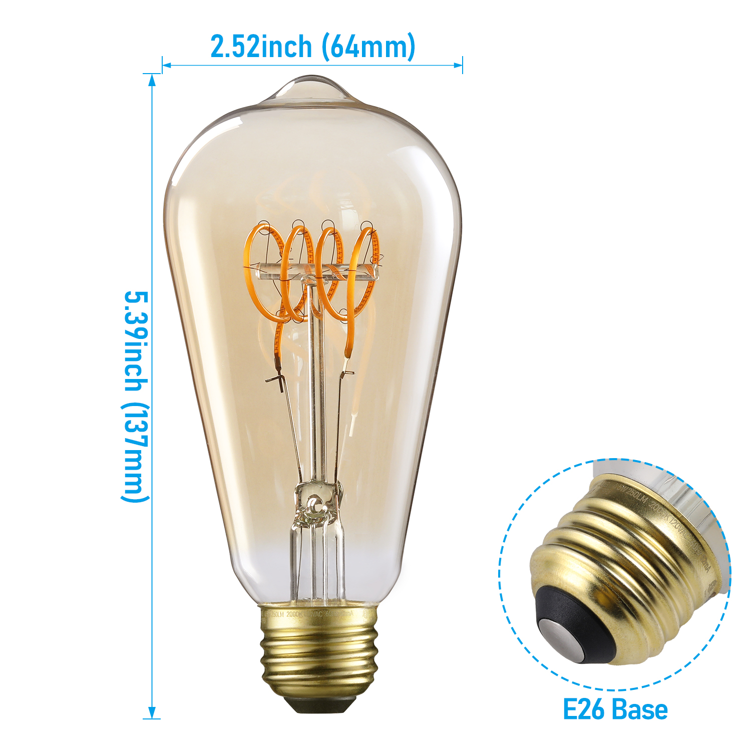 6Pack ST64 LED Light Bulb Dimmable, LED Vintage Edison Bulbs, E26 Base, Antique Squirrel Cage Bulbs, 2000K Amber Light