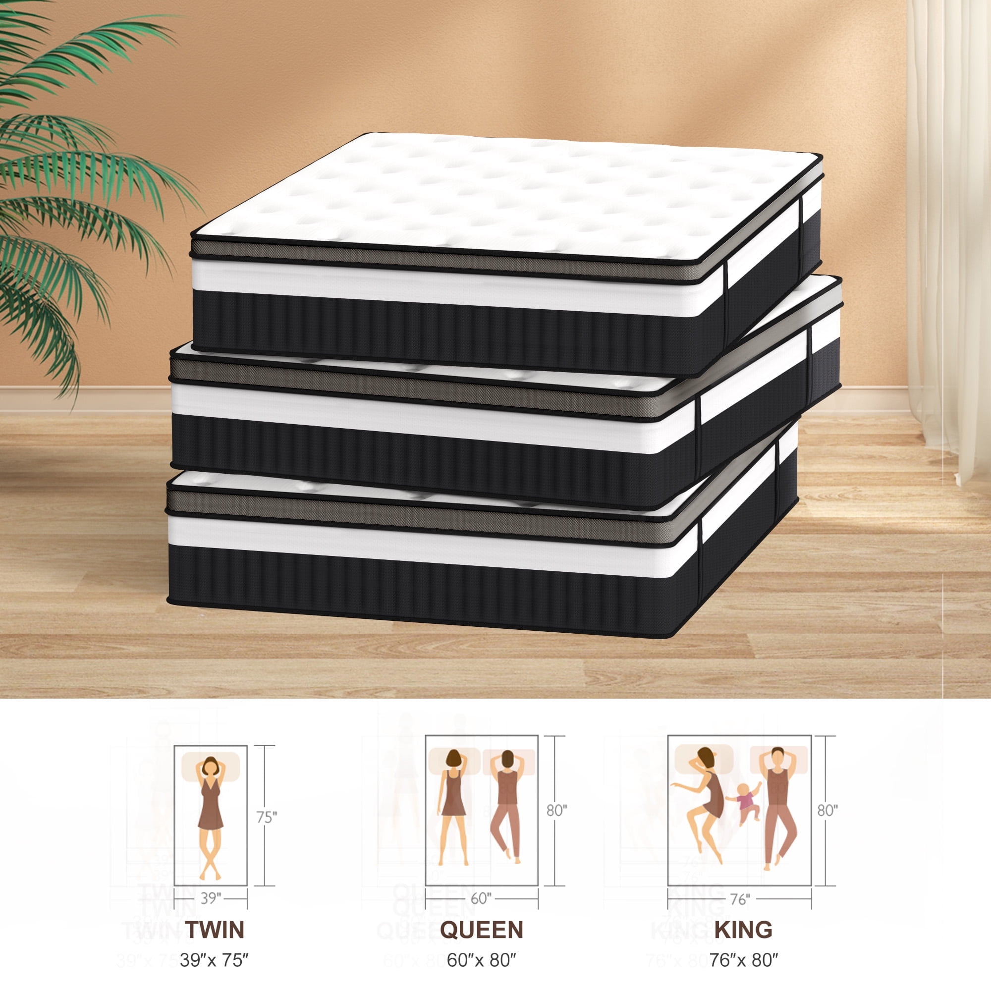 Memory Foam Mattress, 14" Innerspring Hybrid Mattress, Multiple Size-King