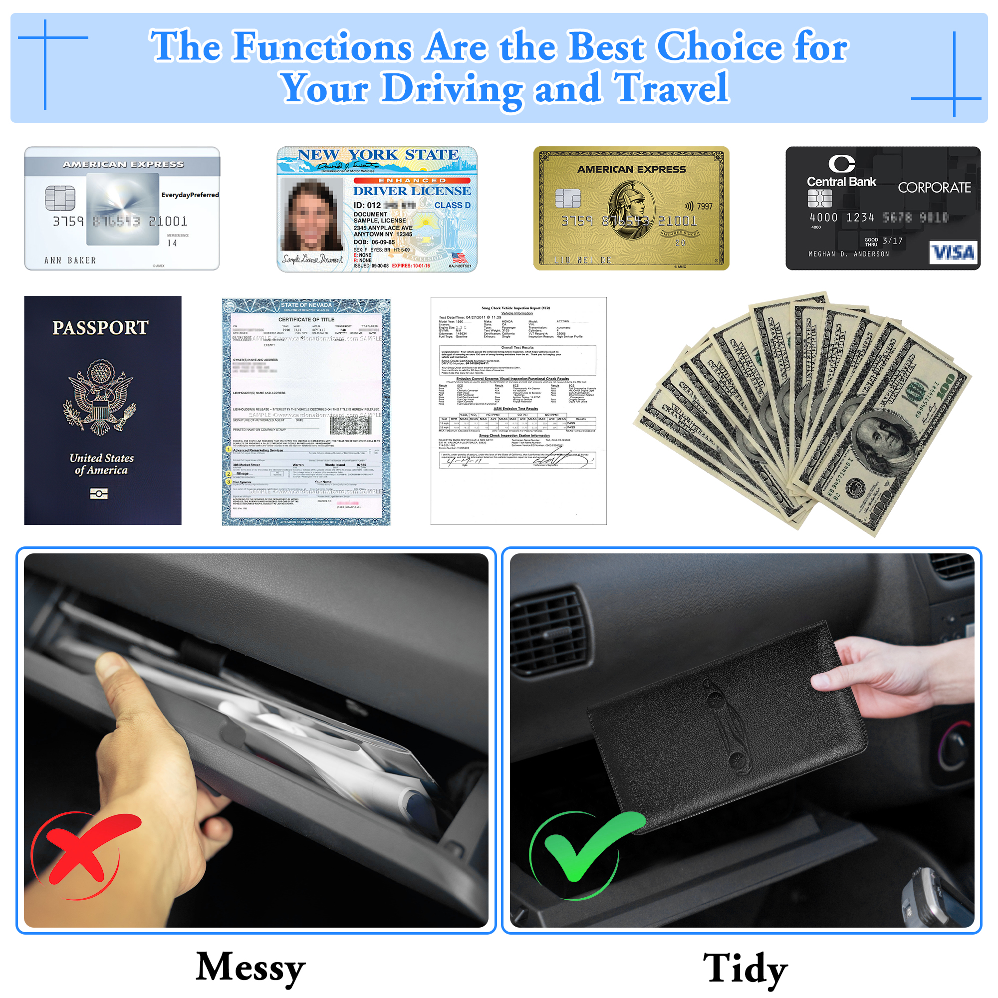 Car Registration and Insurance Holder Auto Glove Box Organizer Car Document  Holder for Cards, Driver License, Essential Documents, Black