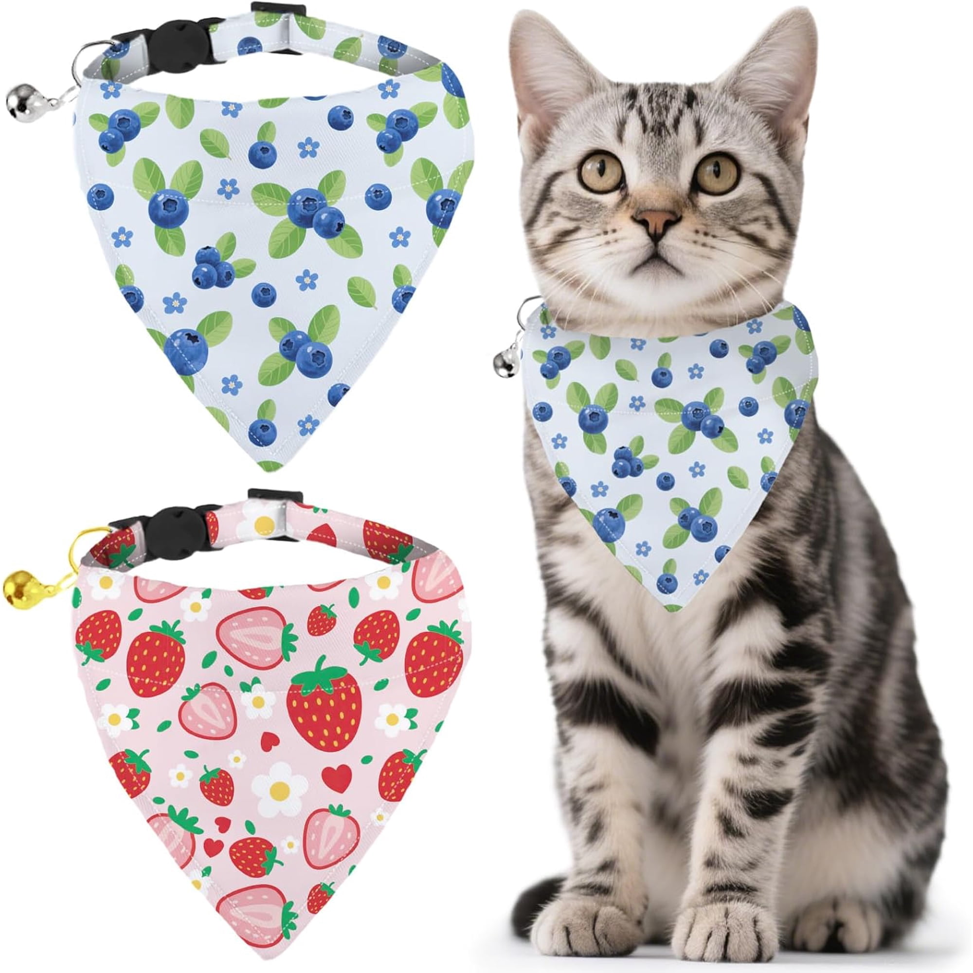 2 Pack Strawberry Blueberry Pet Bandana Collar with Removable Bandana and Bell Fruits Adjustable Dog Collar Cat Bandana Collar Scarf