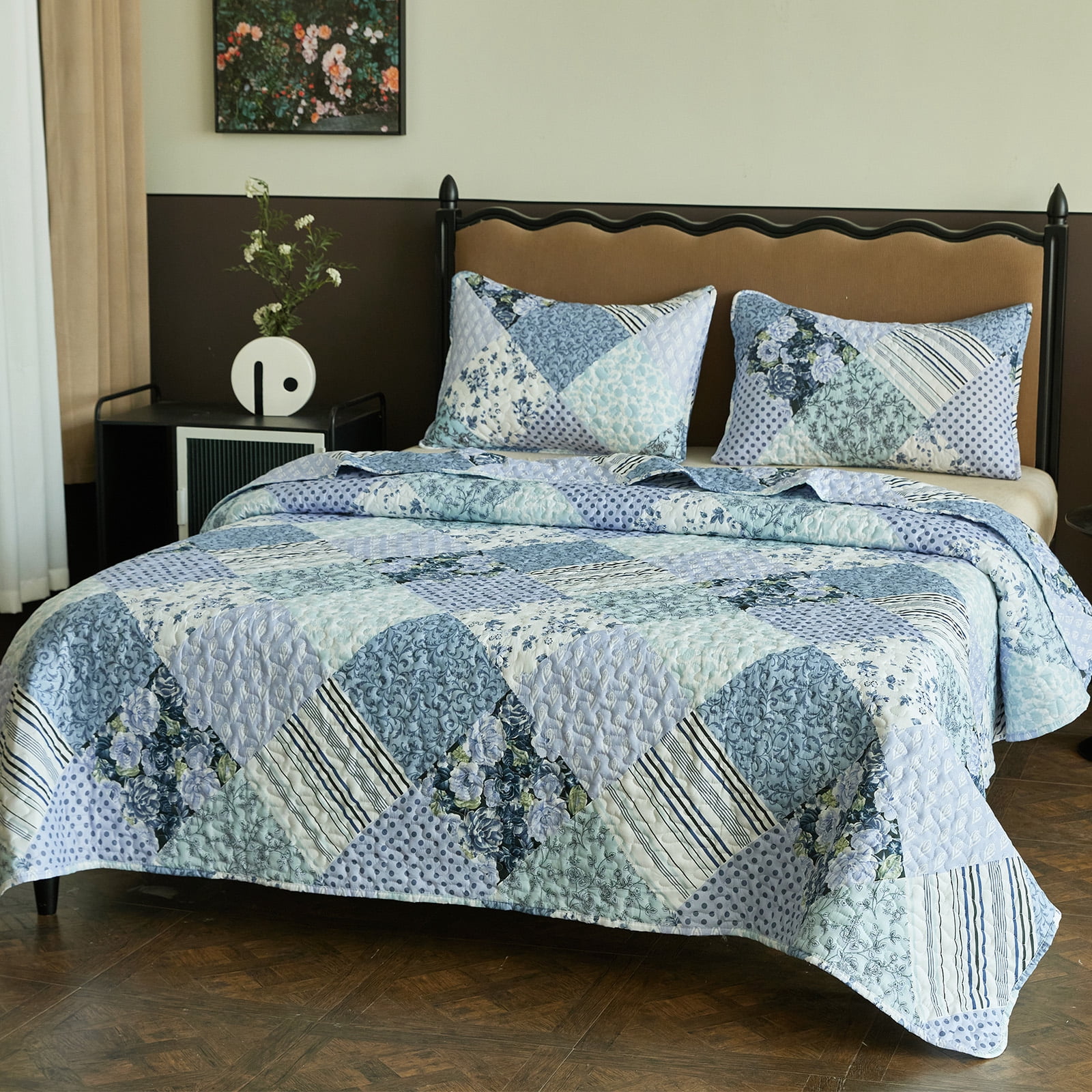 ANMINY Reversible Floral Coverlet Bedding Set - Twin All-Season Soft Polyester Quilt with Pillowcase | Vibrant Floral Design & Easy Care