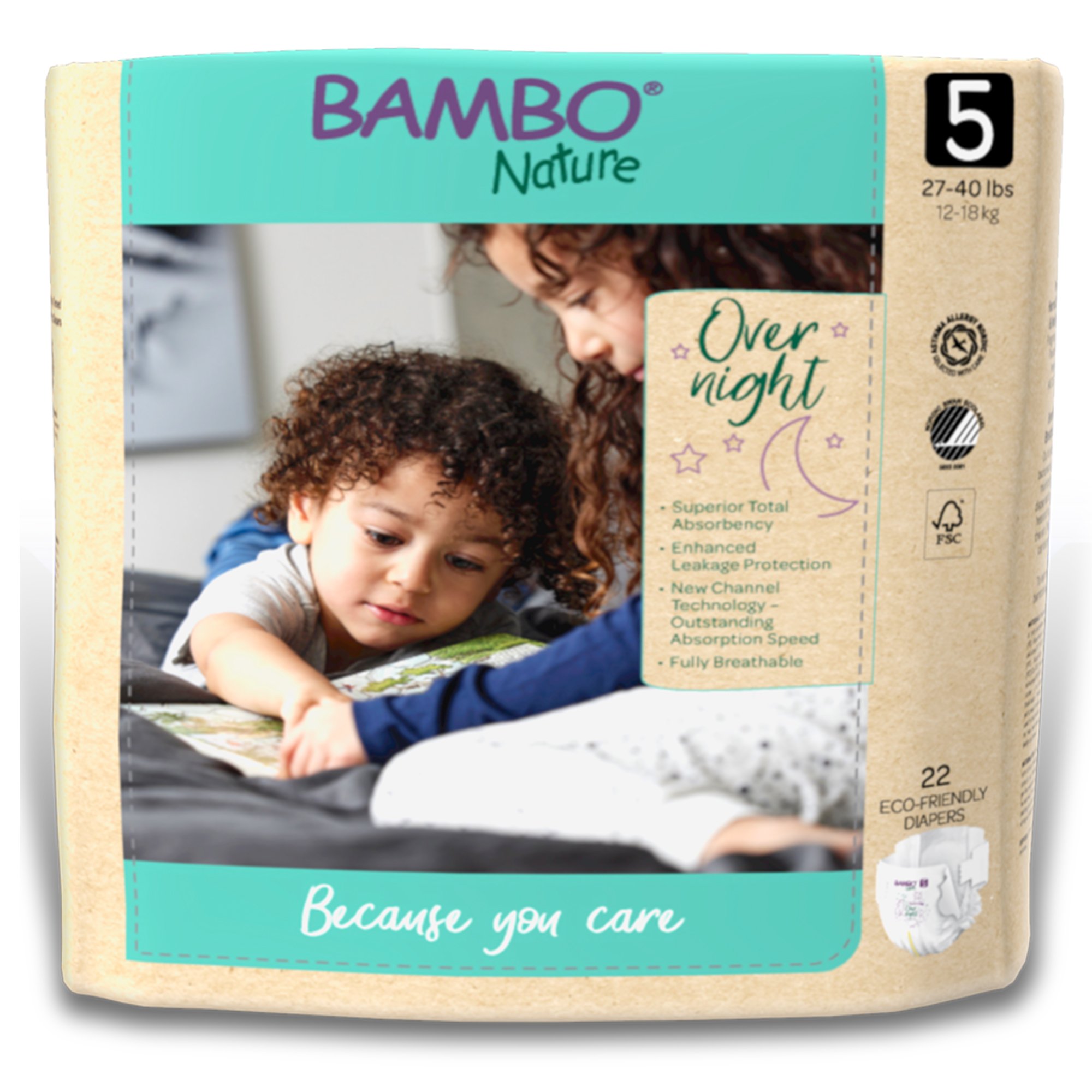 Bambo Nature Overnight Diapers, Eco-Friendly Disposable Baby Diapers - Size 5, 27-40 lbs, 22 Count, 2 Packs, 44 Total