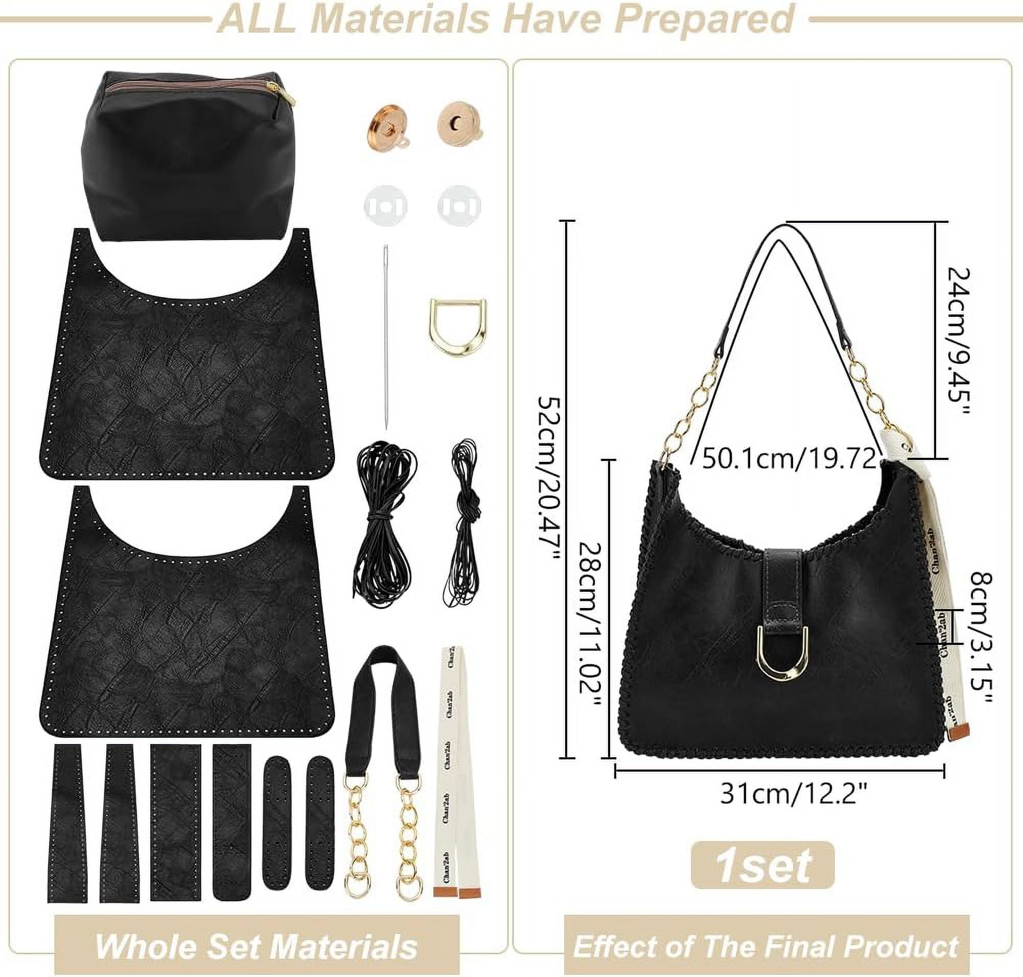 DIY Sew on Women's Underarm bag Making Kit Including Magnetic Clasp PU Leather Fabric Alloy Findings Wax Cord Needles Black