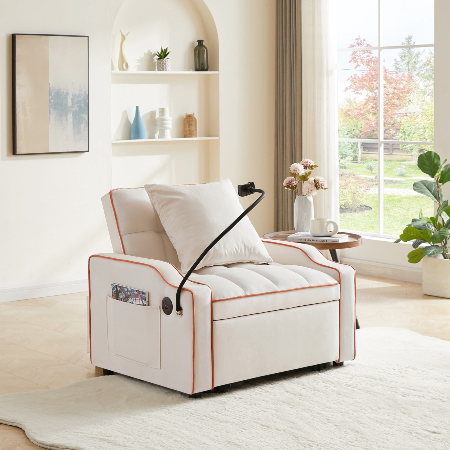 3-in-1 Sleeper Sofa Chair Bed with USB & Type-C, Adjustable Velvet Recliner Couch for Small Spaces, Beige