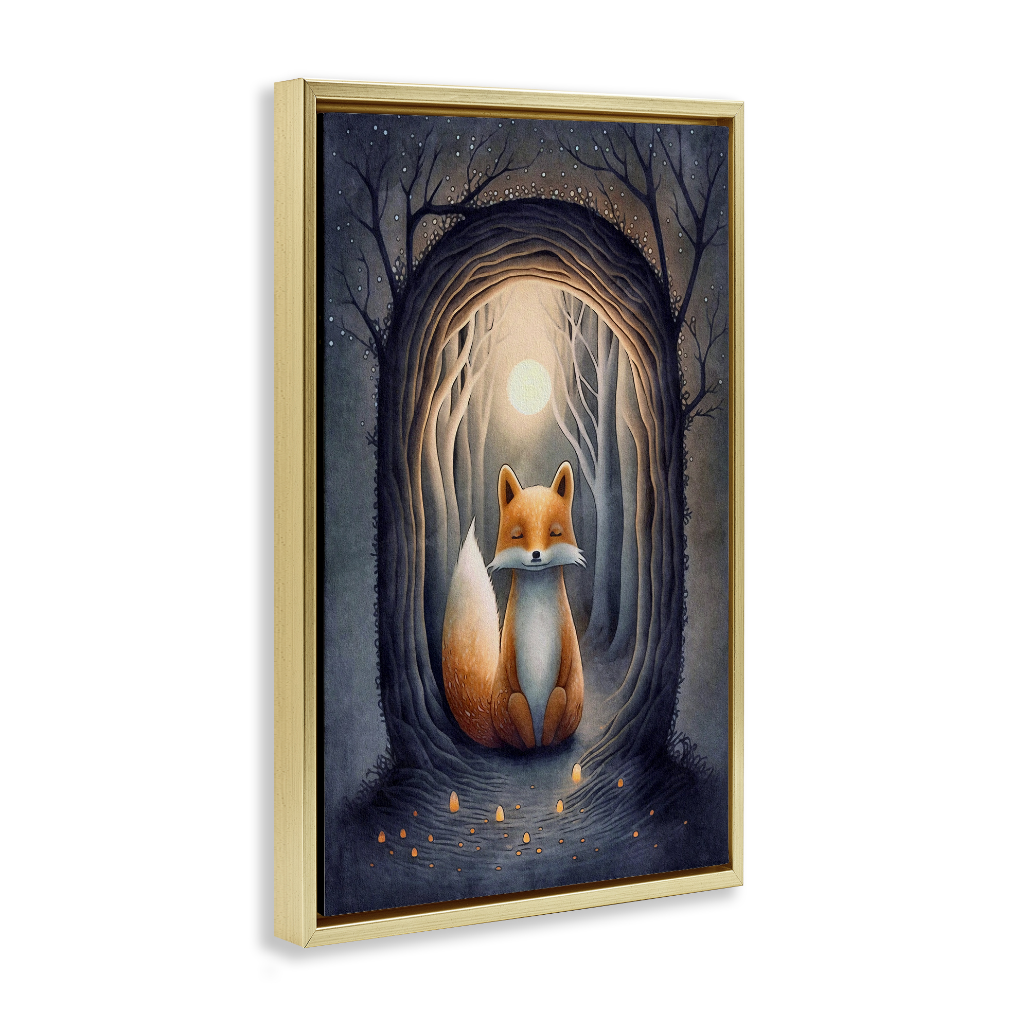 Stupell Industries Mystic Fox in Nature Landscape Painting Gold Floater Framed Art Print Wall Art, 21 x 31
