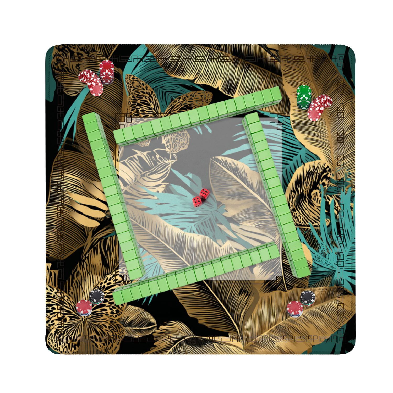 Mahjong Mat 31.5" x 31.5" Seamless Blue green Tropical banana leaves gold exotic palm Non-Slip Noise Reduction American Mahjong Tiles Table Cover for Dominoes Poker Card Board Games Gift