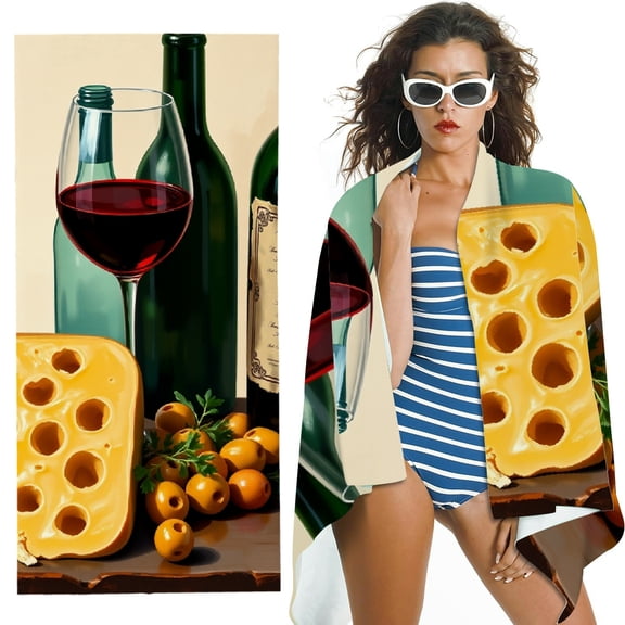 RKSupls Wine Cheese Microfiber Beach Towel, Extra Large Quick Dry Lightweight Absorbent Towel for Travel Swimming Camping, Soft Super Absorbent- 30x60 in