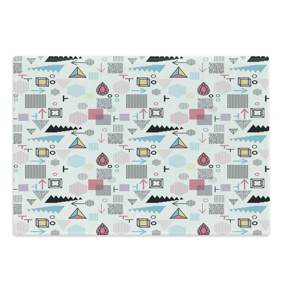 Abstract Cutting Board, Geometric Composition in Memphis Style Cubes Hexagons Triangles and Arrows Modern, Decorative Tempered Glass Cutting and Serving Board, Large Size, Multicolor, by Ambesonne
