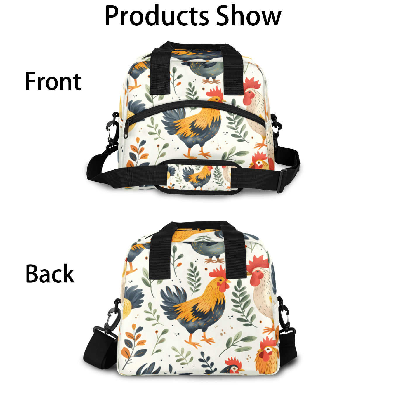 Herdesigns Rooster Insulated Lunch Bag for Women Men Adults Large Reusable Lunch Box Chicken Leakproof Cooler Tote Bags with Adjustable Shoulder Strap