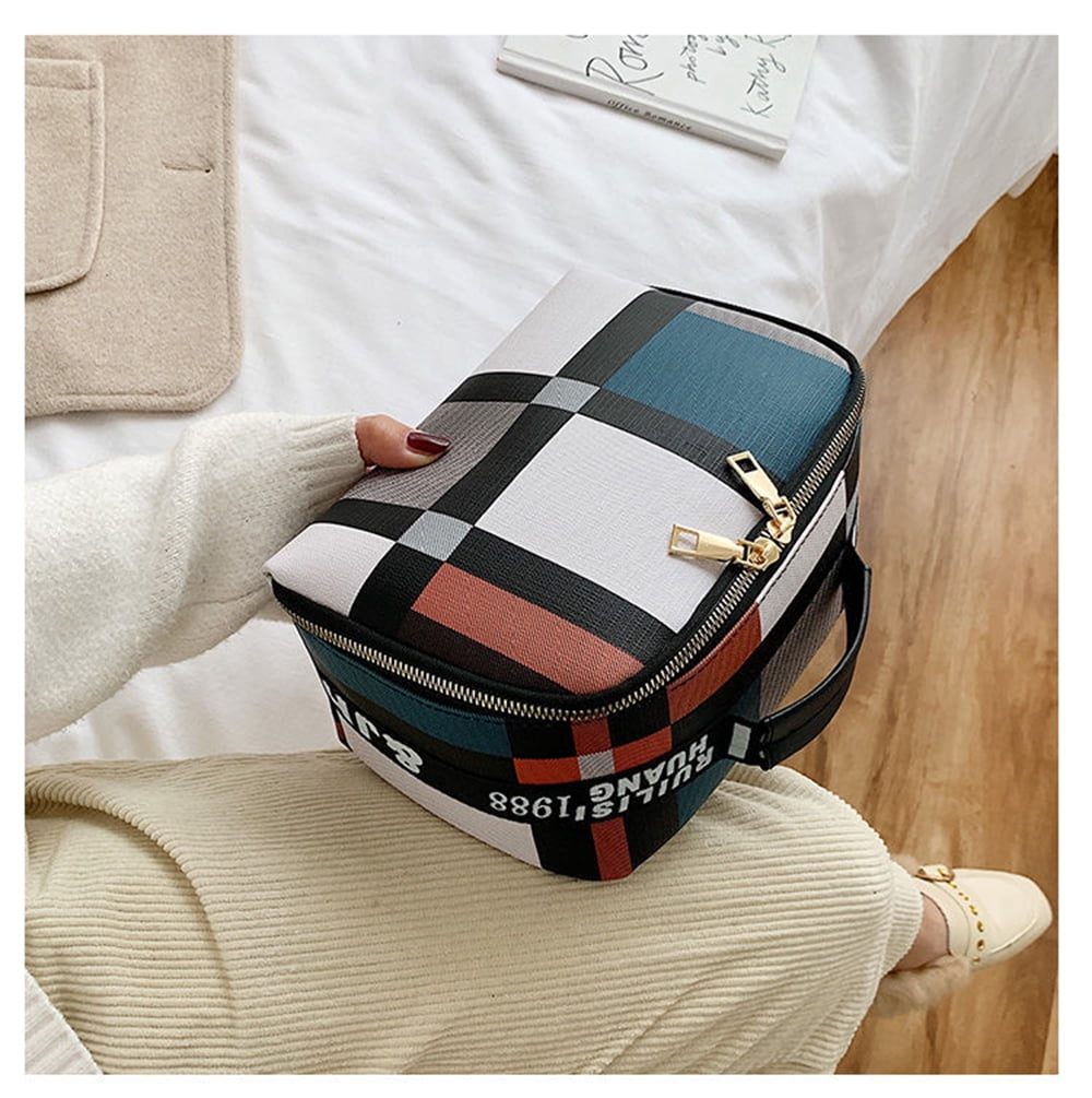 Grid Blocking Travel Toiletry Bag for Women,Portable Pouch Open Flat Makeup Organizer with Handle
