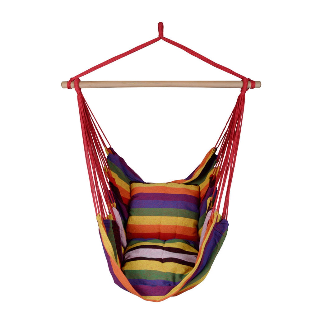 Veryke Cotton Canvas Hammock Hanging Rope Chair, Hanging Bubble Chair Porch Swing Seat Swing Chair Camping Portable for Patio, Deck, Yard, Indoor Bedroom Garden with 2 Pillows Rainbow Stripe