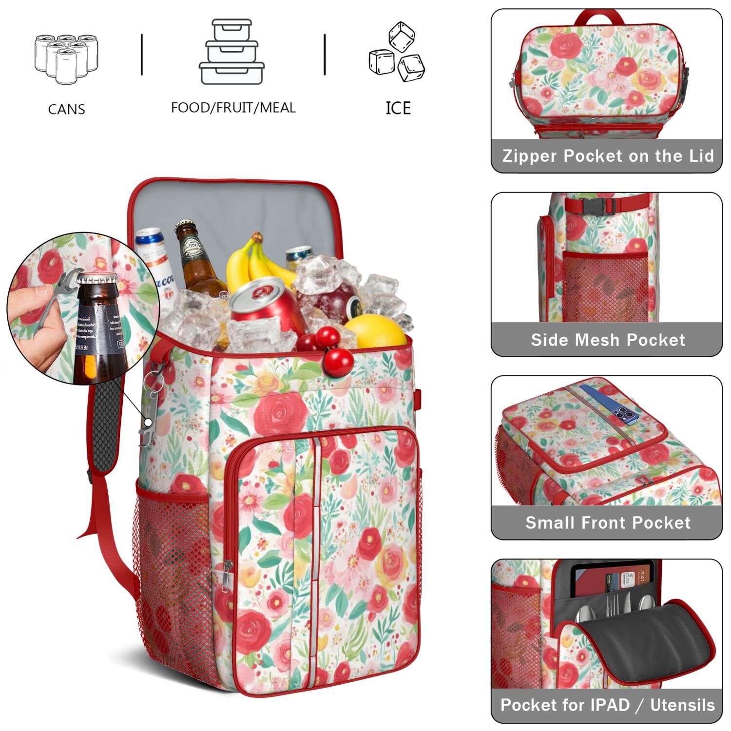 Travel Cooler Bag - Pioneer Flower Camping Beer Cooler Backpack with Bottle Opener- Waterproof Insulated Picnic Backpacks - Cooler Bag for Beach