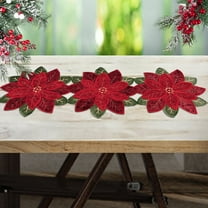 OVZME Christmas Table Runner 36 Inch Embroidered Velvet Cutwork Poinsettia Red Table Decor, Holiday Christmas Applique Decorations for Party Dining&Kitchen Table Decorations, 14X36 Inch
