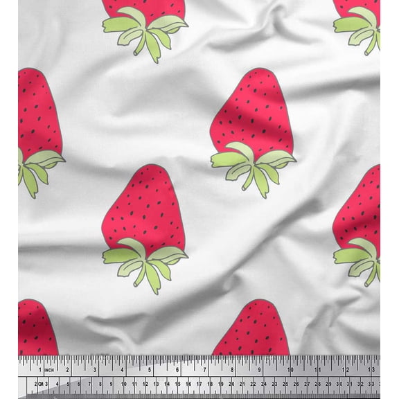 Soimoi White Georgette Viscose Fabric Strawberry Fruits Print Sewing Fabric Yard 42 Inch Wide