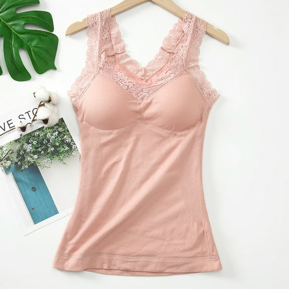 Thermal Tank Top Women Plus Size Loose Fleece Lined Undershirt V Neck Lace Camisole Tops Warm Base Layer Underwear Cami Vest Pink Free Size