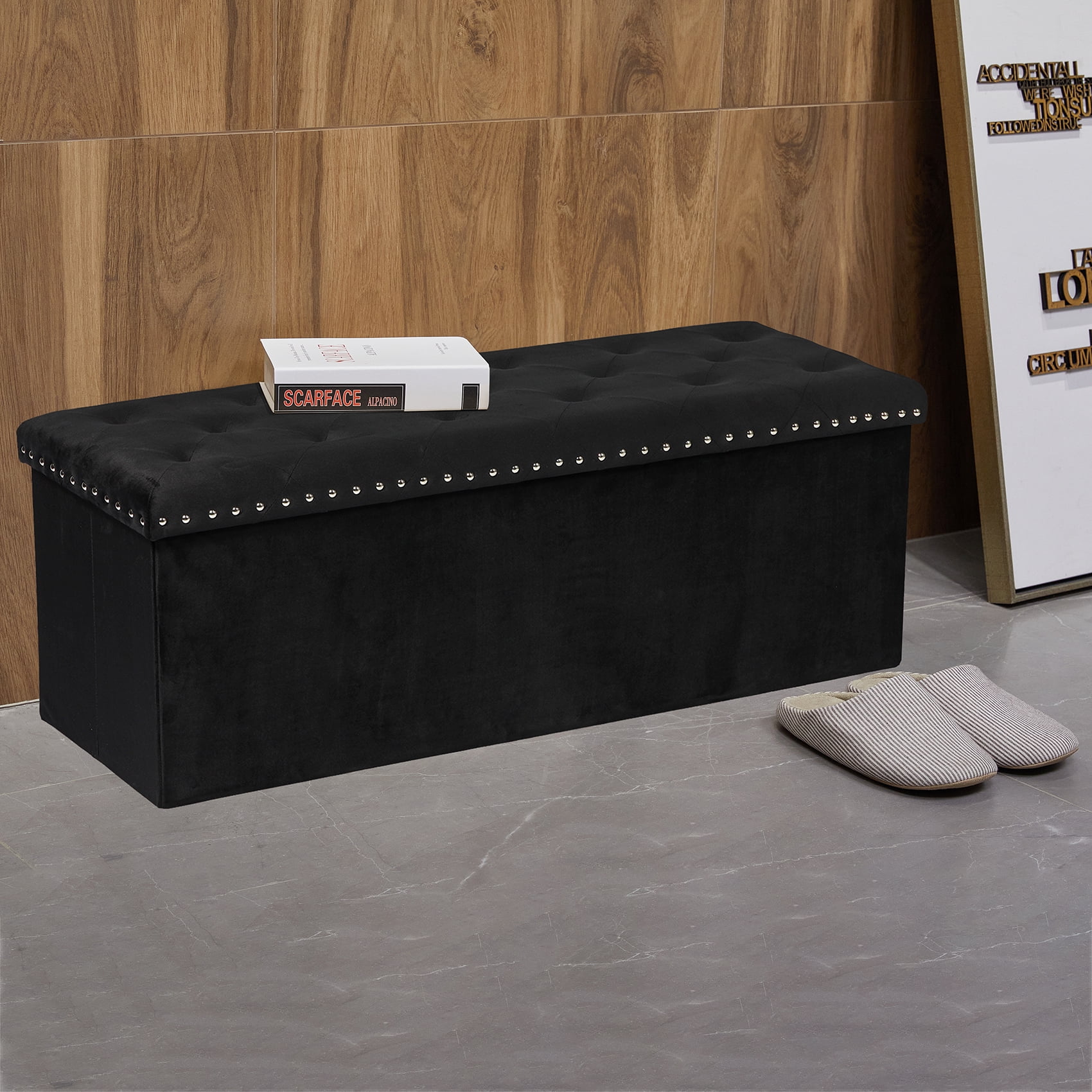 PINPLUS 43.3" Black Velvet Ottoman Storage,Extra Large End of Bed Storage Box with Lids,Footstool Folding Bench Window Seat with Rivet