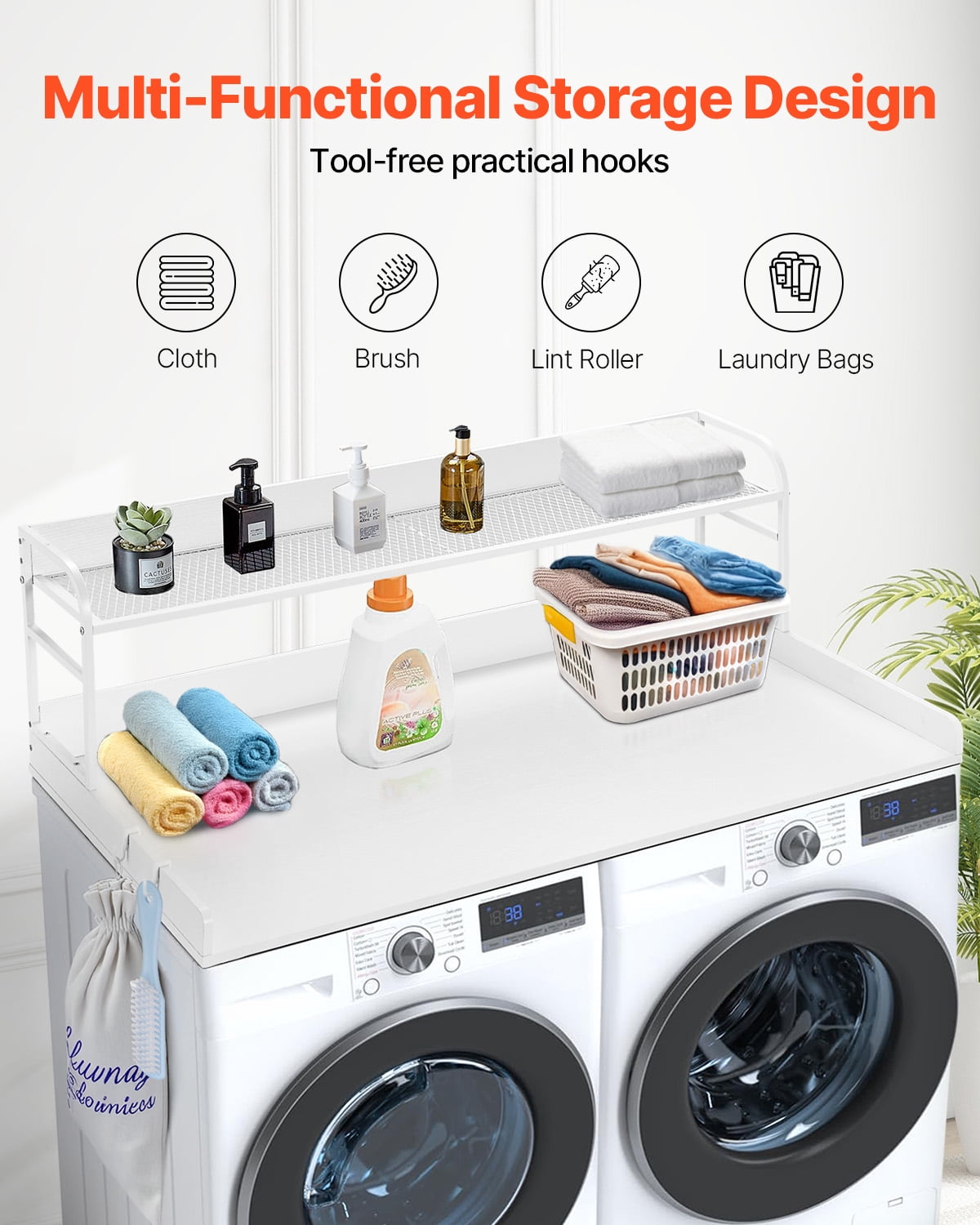 VEVOR Washer Dryer Countertop with 2-Tier Shelf, 54" x 27" Wooden Washer and Dryer Countertop with Anti-Slip Pads, Water-Resistant Laundry Topper Cover for Laundry Room Organization and Storage,White