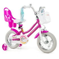 Costway 12 Inch Kids Bike with Training Wheels Doll Seat Basket Streamers Hand Brake Pink