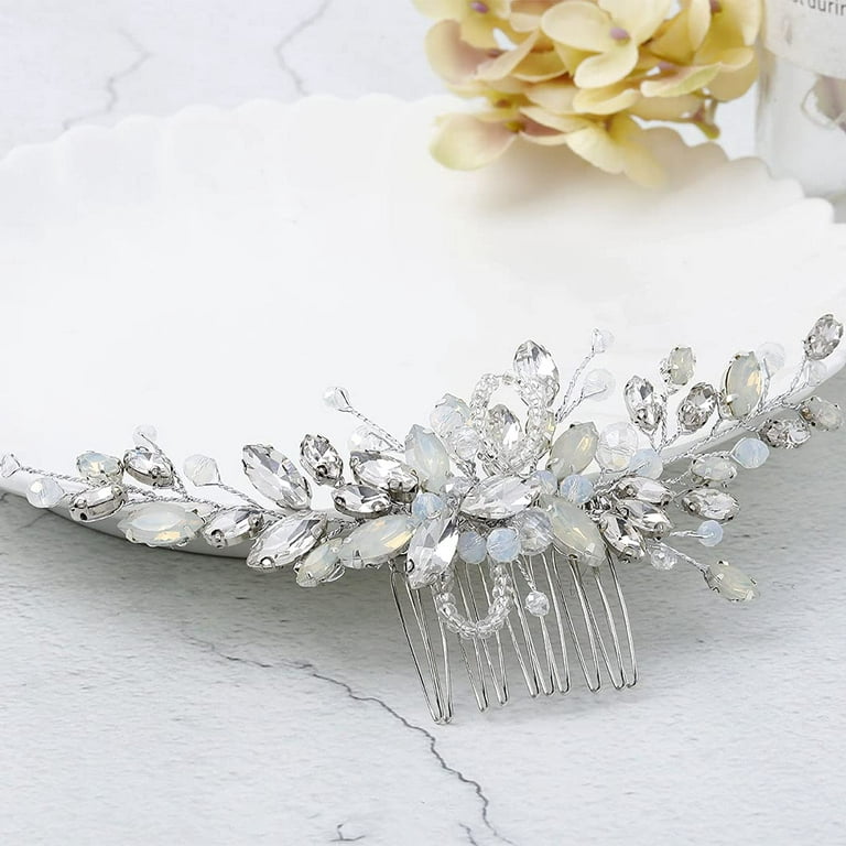 Wedding Hair Comb Silver Rhinestones Opal Crystal Vintage Bridal